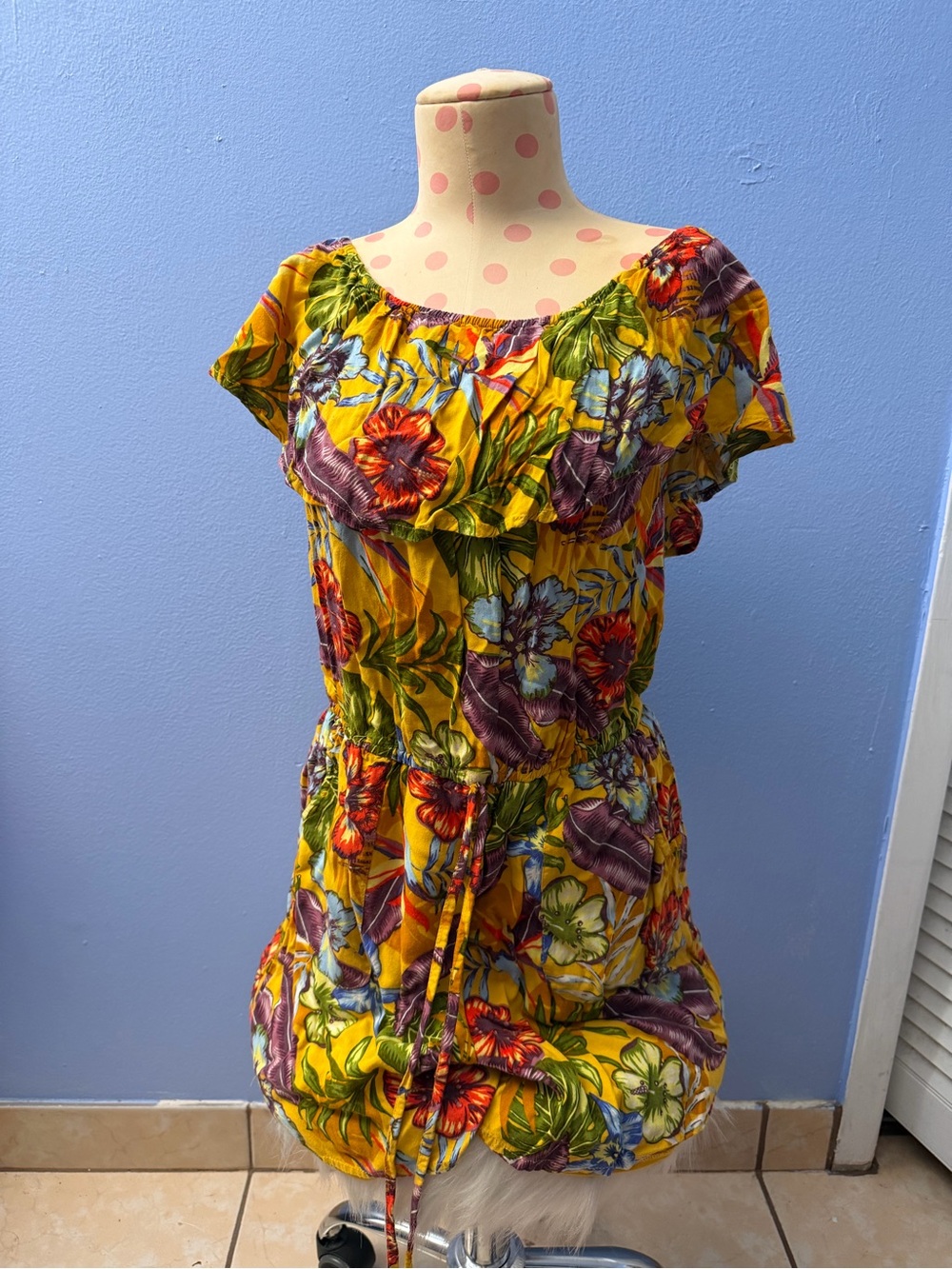 New York & Company Yellow Floral Off-Shoulder Romper